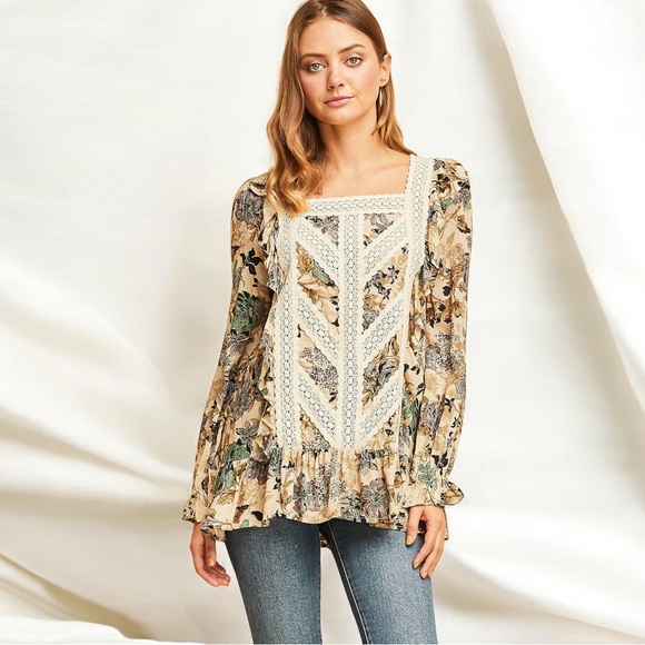 Yellow Cream Multi Color Embroidered Lace Floral Top - Picture 5 of 6